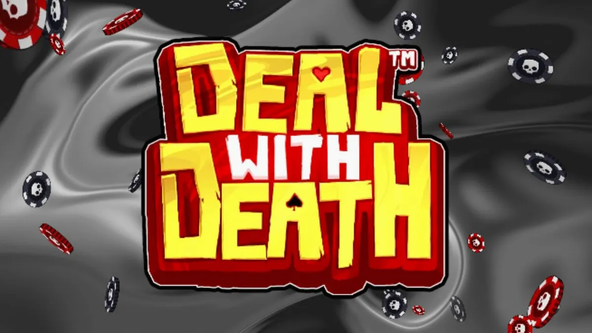 หน้าจอเกมสล็อต Deal With Death ที่แสดงธีมโครงกระดูกและไพ่โป๊กเกอร์